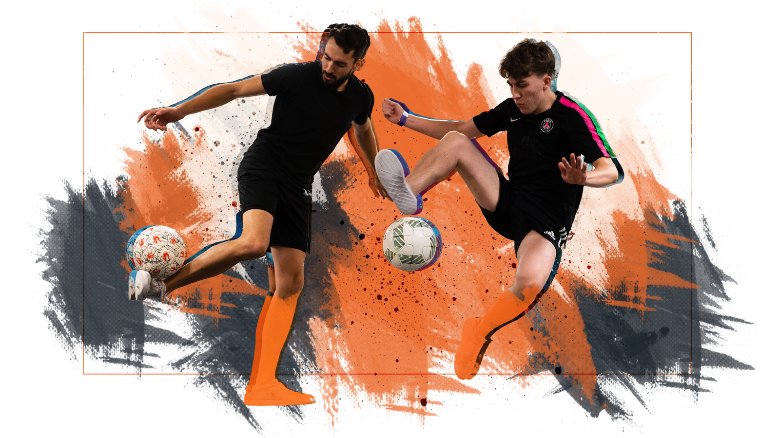 Two football freestylers facing off while performing synchronized freestyle tricks with footballs