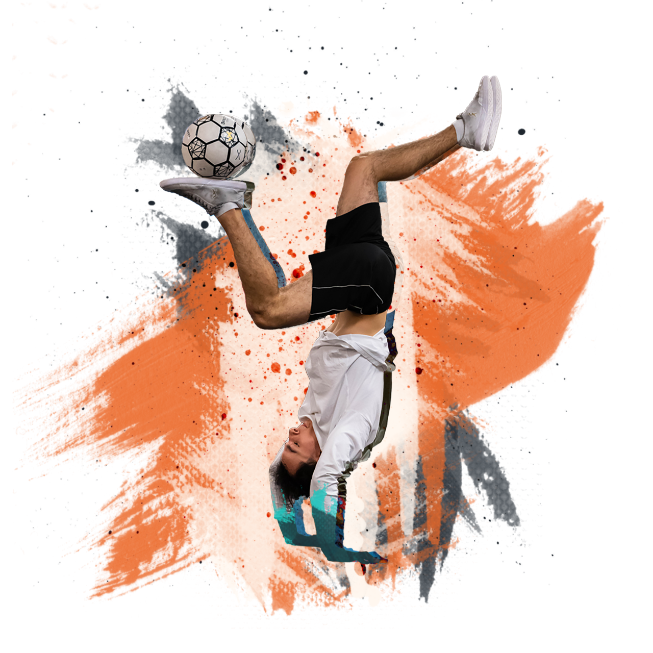 Football freestyler performing an acrobatic backflip trick with a ball in mid-air